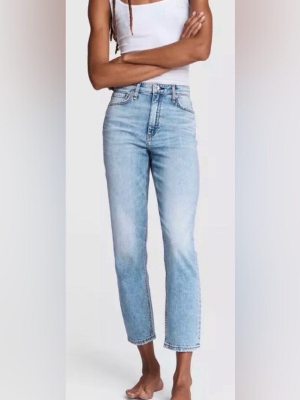 Rag & Bone Nina High Rise Cigarette Jeans 28 Light Wash Distressed Raw Hem